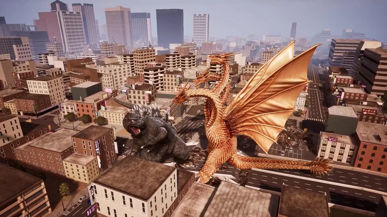 Godzilla fighting King Ghidorah in Godzilla Destroy All Monsters Melee Remastered
