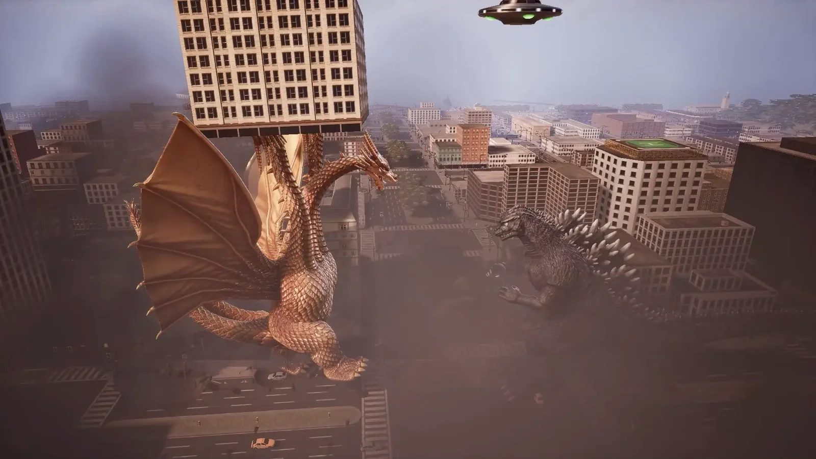 King Ghidorah lifting a skyscraper above Godzilla