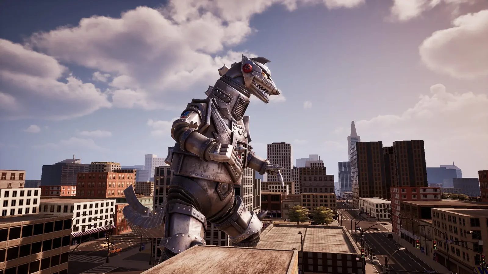 Showa Mechagodzilla standing over a remastered city skyline